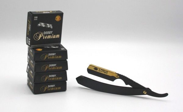 500 Derby Premium Single Edge Razor Blades + LOTUS Black Metal Straight Razor